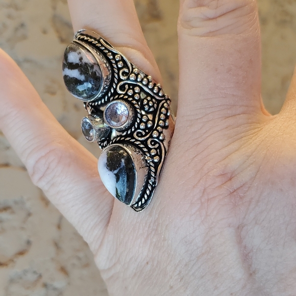 New Amazing Zebra Jasper and White Topaz 925 Silver Statement Ring. - Picture 8 of 16